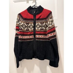 Erika Fair Isle Zip Up Sweater Jacket Nordic Winter Chunky Knit Women's M